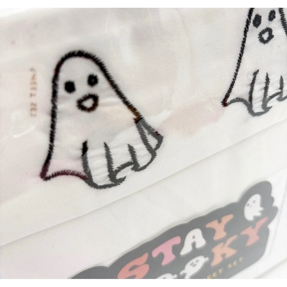 Artisan Home King Size‎ 6 Piece Embroidered Sheet Set White Ghost Halloween